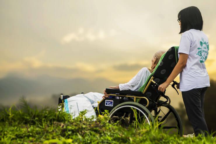A senior in a wheelchair and her guardian look at the landscape
